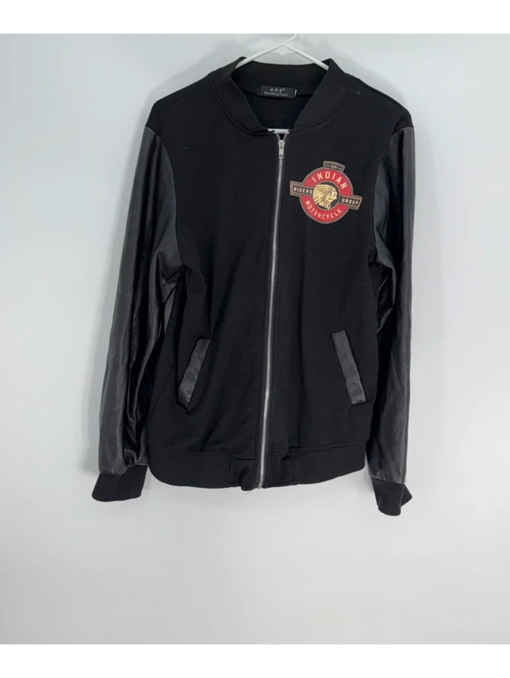 Indian Motorcycle Riders Group Black Bomber Jacket with Faux Leather Sleeves